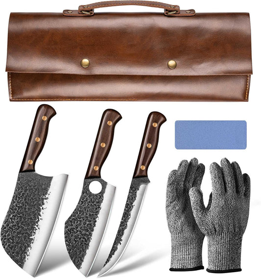 KINGOD 3-Piece Outdoor Butcher Knife Set with Bag & Gloves & Whetstone, Hand-Forged Full Tang Hunting Cleaver, Viking Boning Knife & Meat Knife for Camping, BBQ & Meat Processing