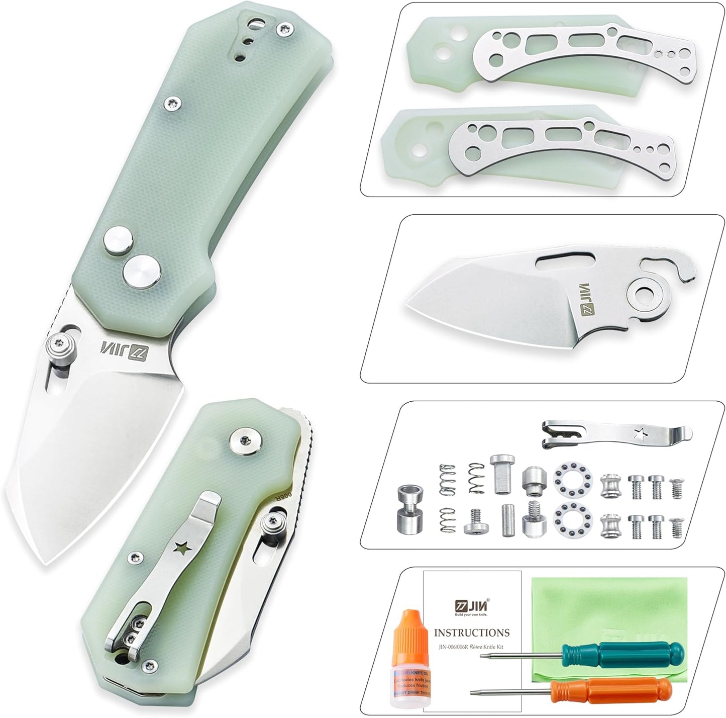 JIN Rhino Small Pocket Knife for Men, Button Lock EDC, Folding Knife Kit, 2" 9Cr18Mov Satin Blade, Jade G10 Handle, Gift for Men Women, Razor Sharp Camping Knives