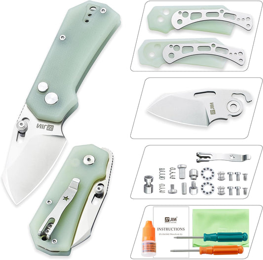 JIN Rhino Small Pocket Knife for Men, Button Lock EDC, Folding Knife Kit, 2" 9Cr18Mov Satin Blade, Jade G10 Handle, Gift for Men Women, Razor Sharp Camping Knives