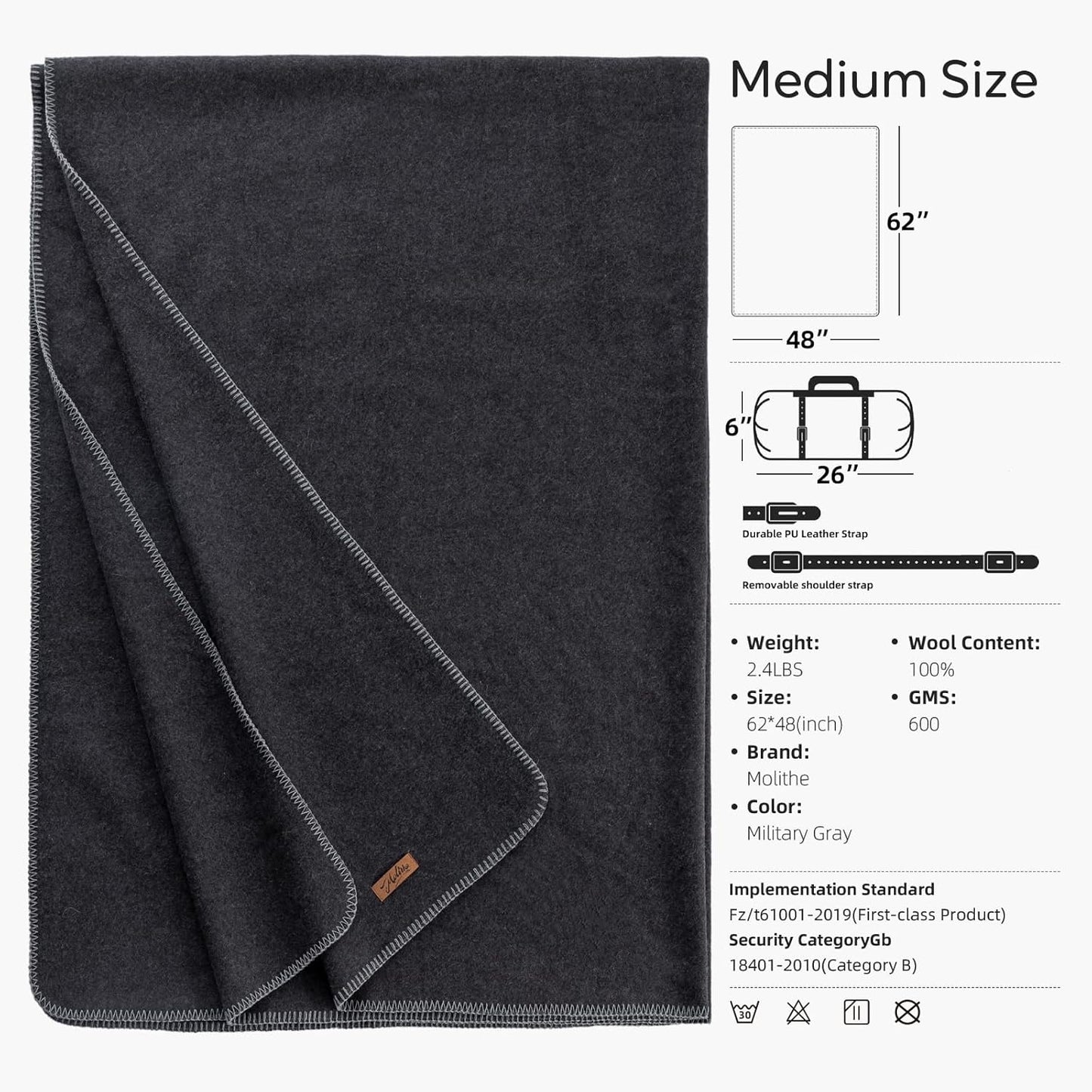 100% Wool Blanket, 48" x 62", Warm, Thick, Washable, Military Wool Blanket, Great for Camping, Outdoors, Sporting Events, Survival Kits