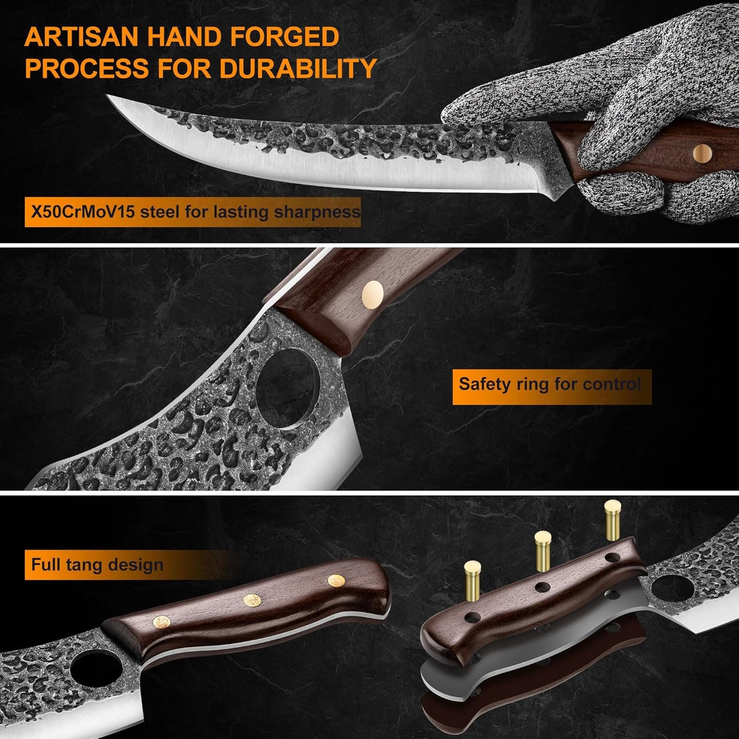 KINGOD 3-Piece Outdoor Butcher Knife Set with Bag & Gloves & Whetstone, Hand-Forged Full Tang Hunting Cleaver, Viking Boning Knife & Meat Knife for Camping, BBQ & Meat Processing