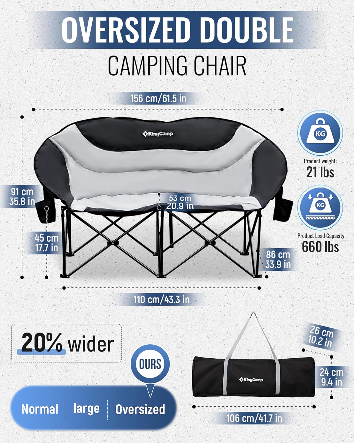 KingCamp Double Camping Chair, Oversized 660lbs Heavy Duty Loveseat for Adults Portable Folding XL 2 Person Moon Couch Padded Comfortable Two Seat with Cooler Bag for Outdoor Lawn, Saucer Chair