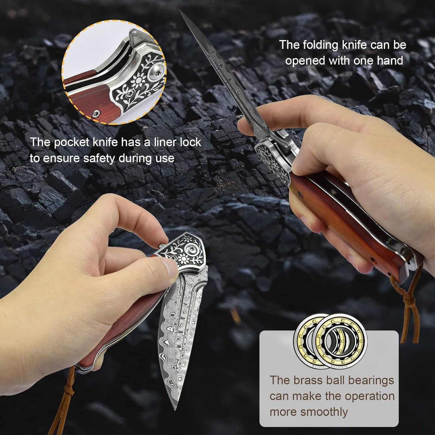 KOMWERO Damascus Pocket Knife, VG10 Damascus Steel Folding Knife with Wood Handle, Leather Sheath, Liner Lock, EDC Knife for Outdoor Survival Hunting Collection