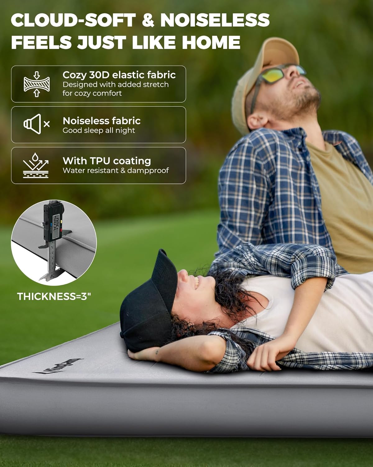 KingCamp Self Inflating Sleeping Pad, R 7.9 Air & Foam Camping Mattress 2 Person, 3" Thick Full Size Double Sleeping Pad with Air Pump for Camp Tent Outdoor Car, PVC Free (Grey)