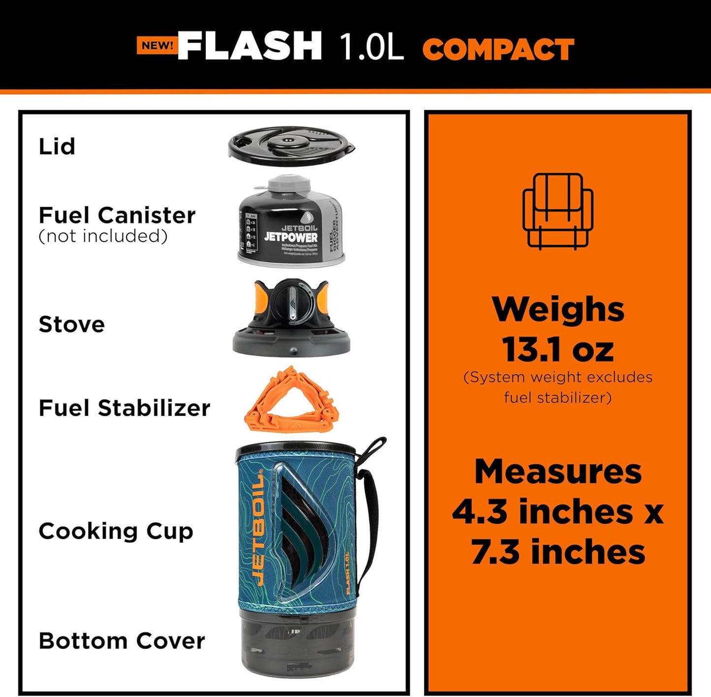 Jetboil Flash 1.0L Portable Fast Boil Stove for Camping and Backpacking with 1-Step Auto Ignition, New for 2025, Propane/Isobutane Burner with Cooking Cup