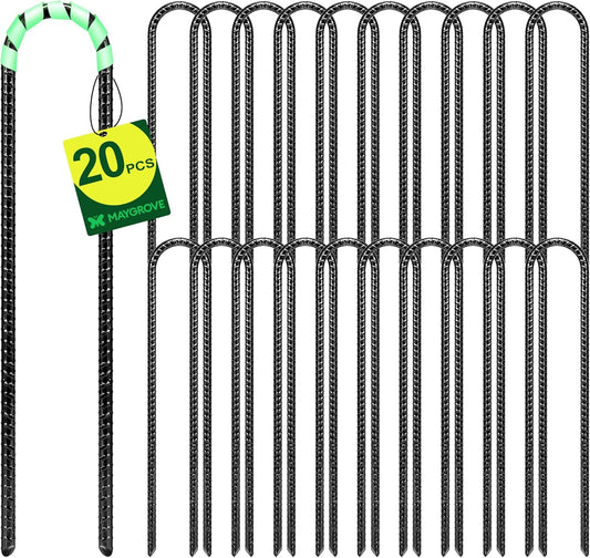 12 Inch Rebar Stakes Heavy Duty 20 Pack, U Shaped Ground Stakes, Galvanized Steel Trampoline Stakes, Tent Anchor Kit Anti-Rust, Drip Hose Wind Stakes, Black