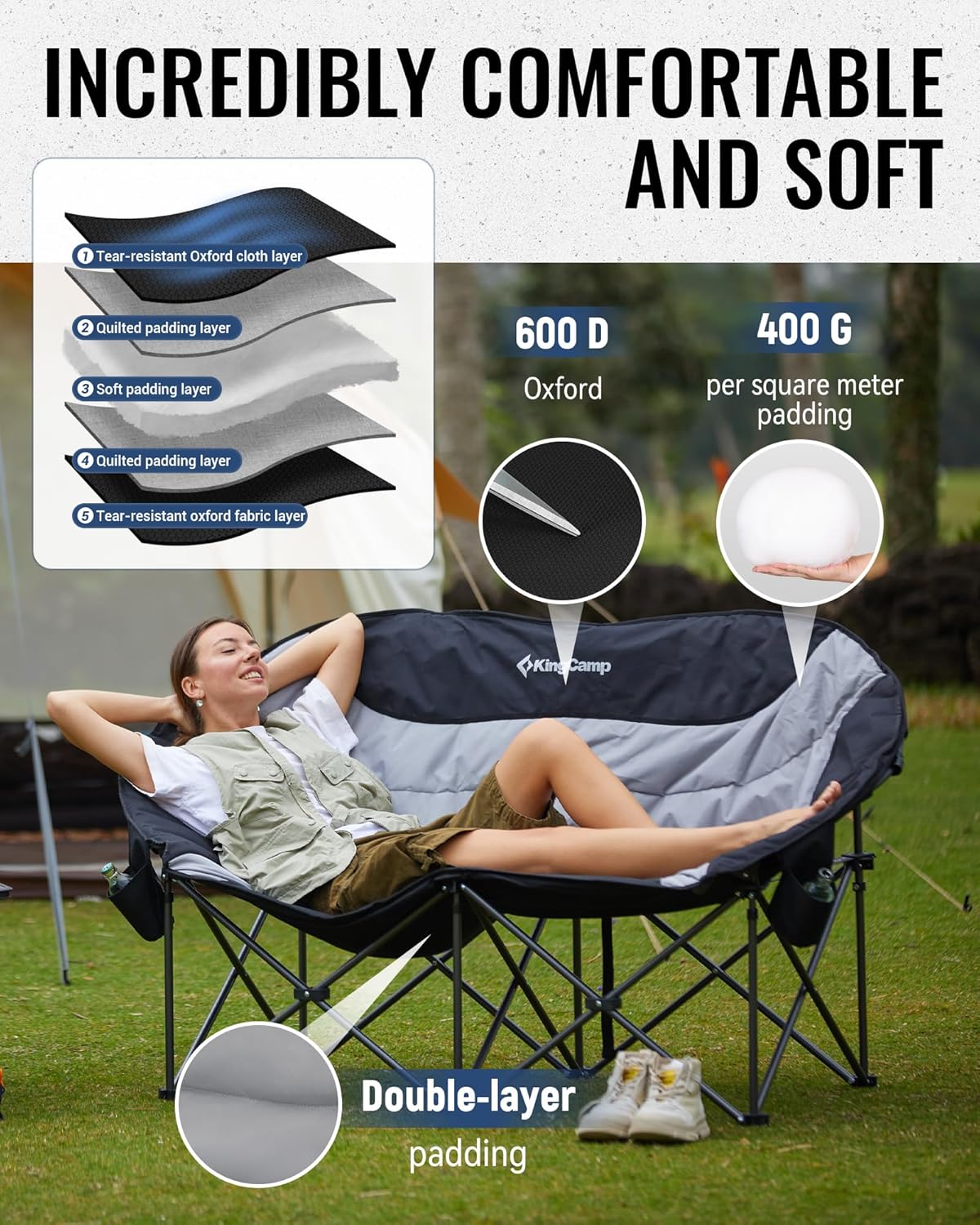 KingCamp Double Camping Chair, Oversized 660lbs Heavy Duty Loveseat for Adults Portable Folding XL 2 Person Moon Couch Padded Comfortable Two Seat with Cooler Bag for Outdoor Lawn, Saucer Chair