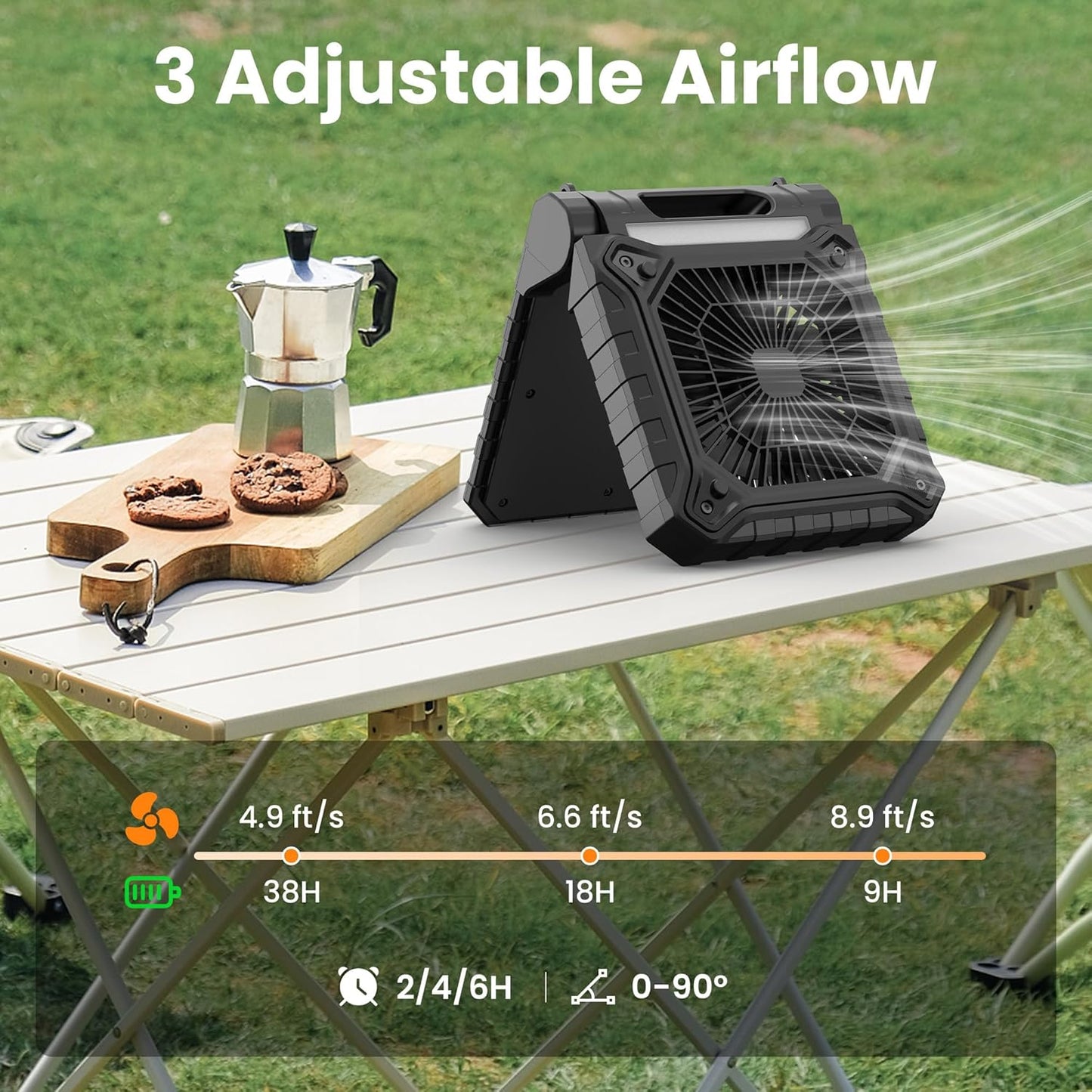 KITWLEMEN 10.2 Inch Solar Camping Fan with Light- Rechargeable Battery Operated Fan, 38H Run Time, 3 Speed, 6H Timer, SOS Signal, Portable Desk Fan for Camping Fishing RV Trips Hurricane Power Outage