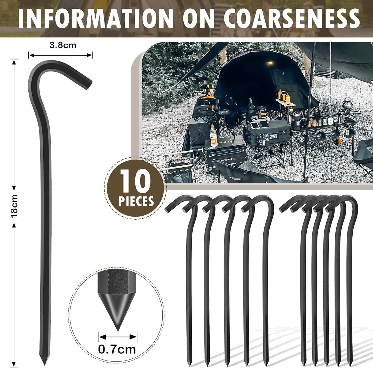 10Pcs Metal Tent Pegs with Hooks. 7 inches Durable Garden Stake Ground Anchors Awning Metal Hooks. Heavy Duty, Waterproof & rustproof, Ideal for Camping, Yard Decor, Picnic & tarp(Black)