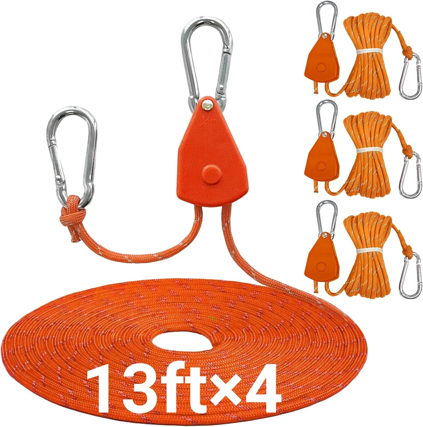 13ft Adjustable Outdoor Windproof Rope Ratchet Strap Tie Down Straps Small Mini Reflctive Paracord Rope Tent Hanger Grow Light Kayak 5/32" 4 Pack