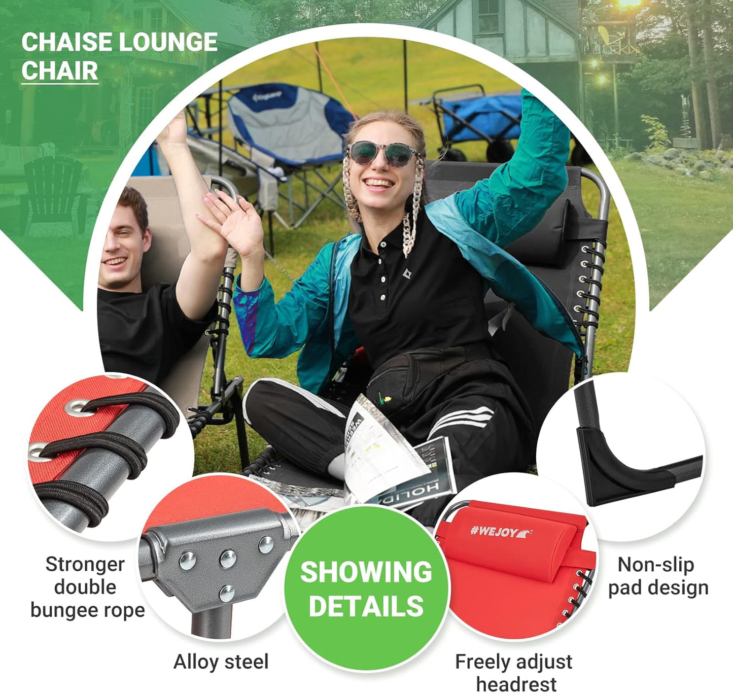 #WEJOY Outdoor Folding Chaise Lounge Chair for Outside, Patio, Beach, Poolside, Sunbathing, Adjustable 5-Position Reclining Chairs, Heavy Duty Camping Cot with Shoulder Strap and Pillow, Red