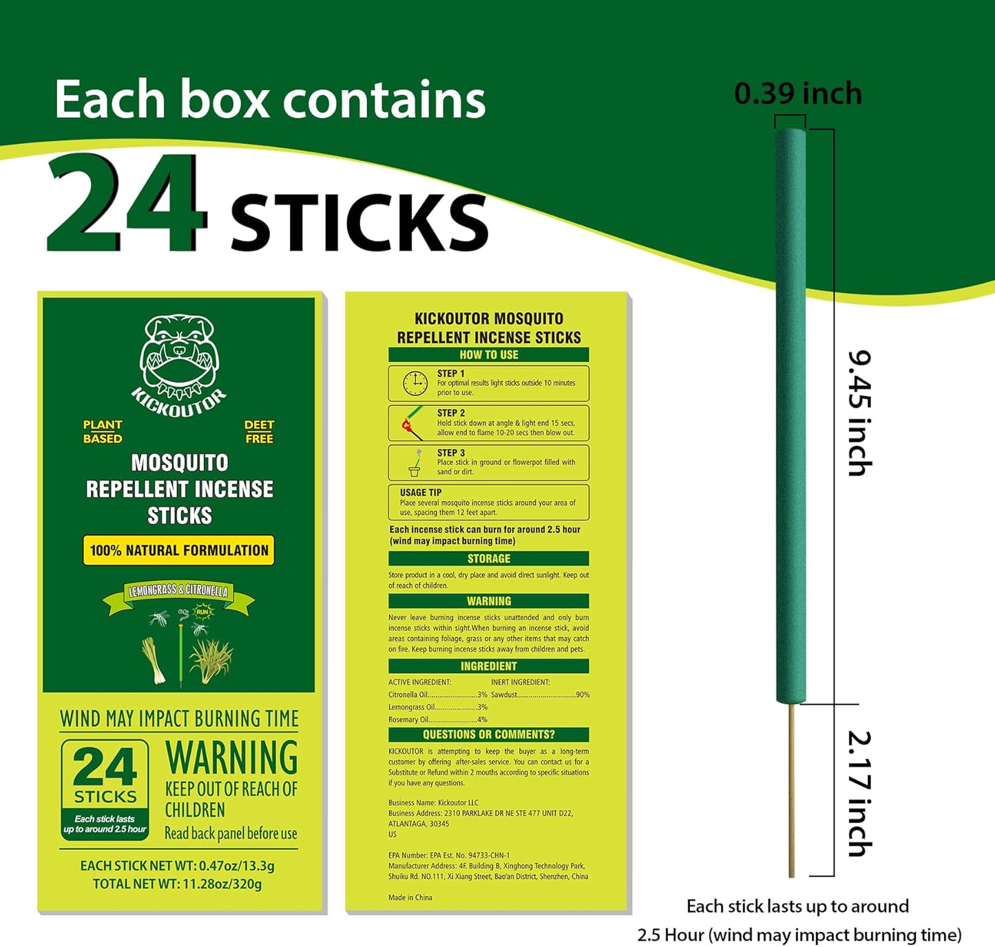 KICKOUTOR® Mosquito Repellent Outdoor Patio 24 PCS Natural Citronella Incense Sticks DEET Free Lemongrass Oil Gnat Mosquito Control for Indoor Backyard Travel Camping