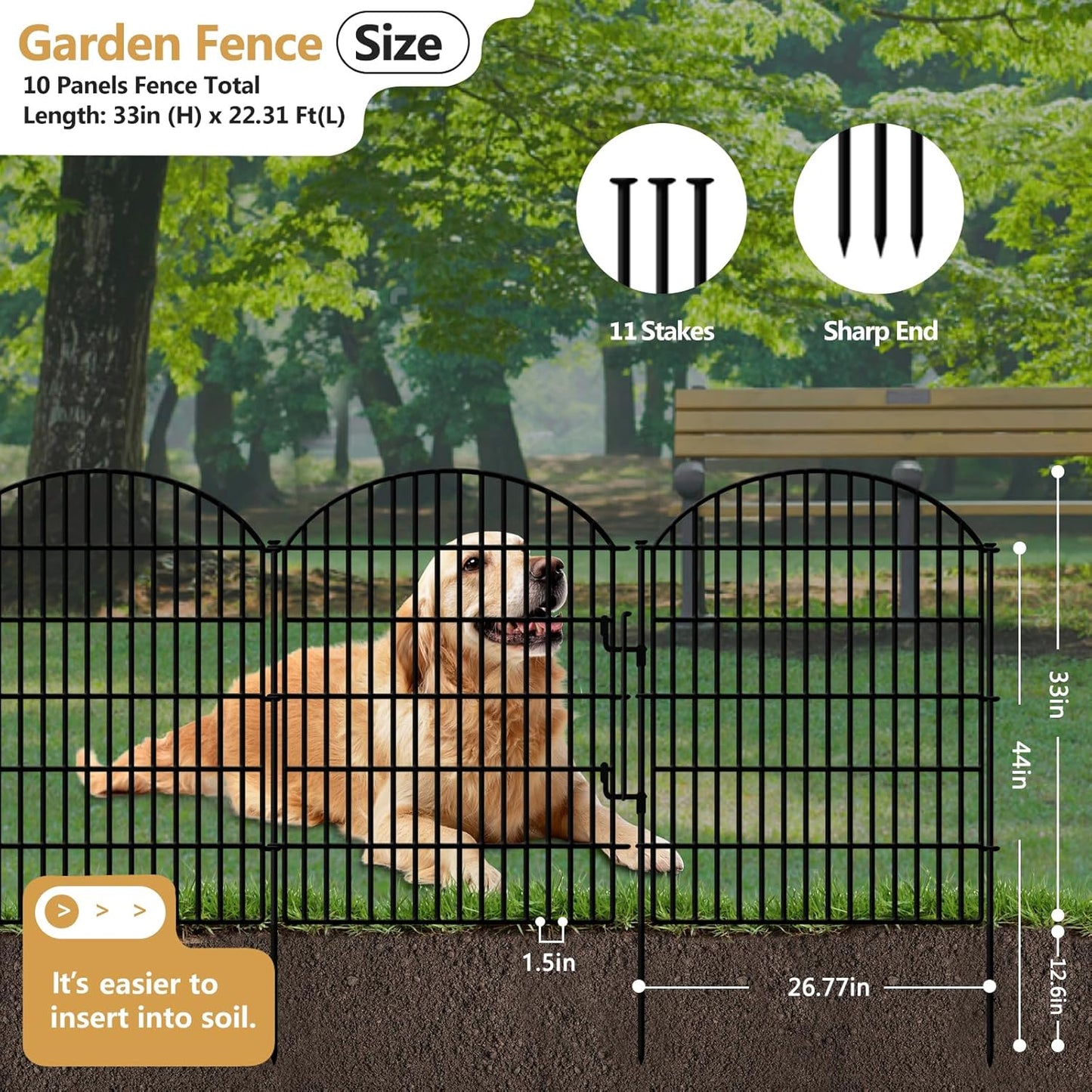 10 Panels Decorative Garden Fencing with Lock, 33in (H) x 22.31ft (L) No Dig Dog Fence Outdoor for Yard, Animal Barrier Rustproof Metal Temporary Panel Border for Rabbit, Dog and Patio Camping