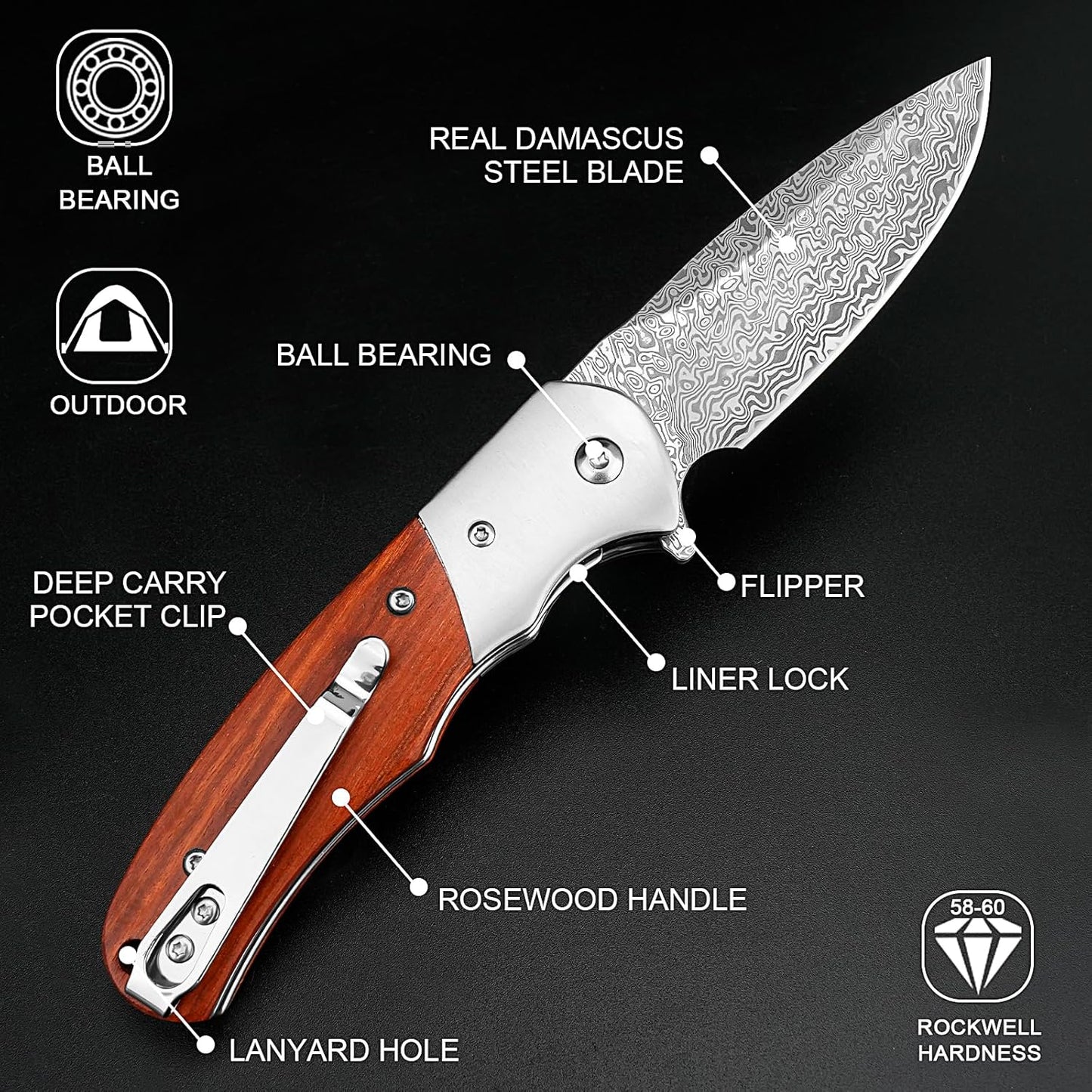 KOMWERO Damascus Pocket Knife with Clip for Men, VG10 Damascus Steel Folding Knives, EDC Damascus Knife with Leather Sheath Wooden Handle for Camping Collection