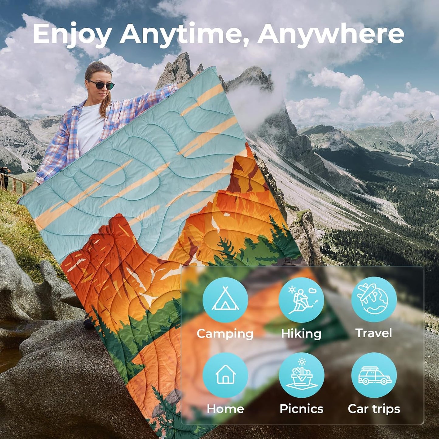 KingCamp Ultralight Camping Blanket, Packable Down Alternative Puffy Printed Wearable Blanket with Snap Buttons & Corner Loops Weatherproof Quilt for Outdoor Travel Stadium (79"L x 57"W, ORANGE/BLUE)