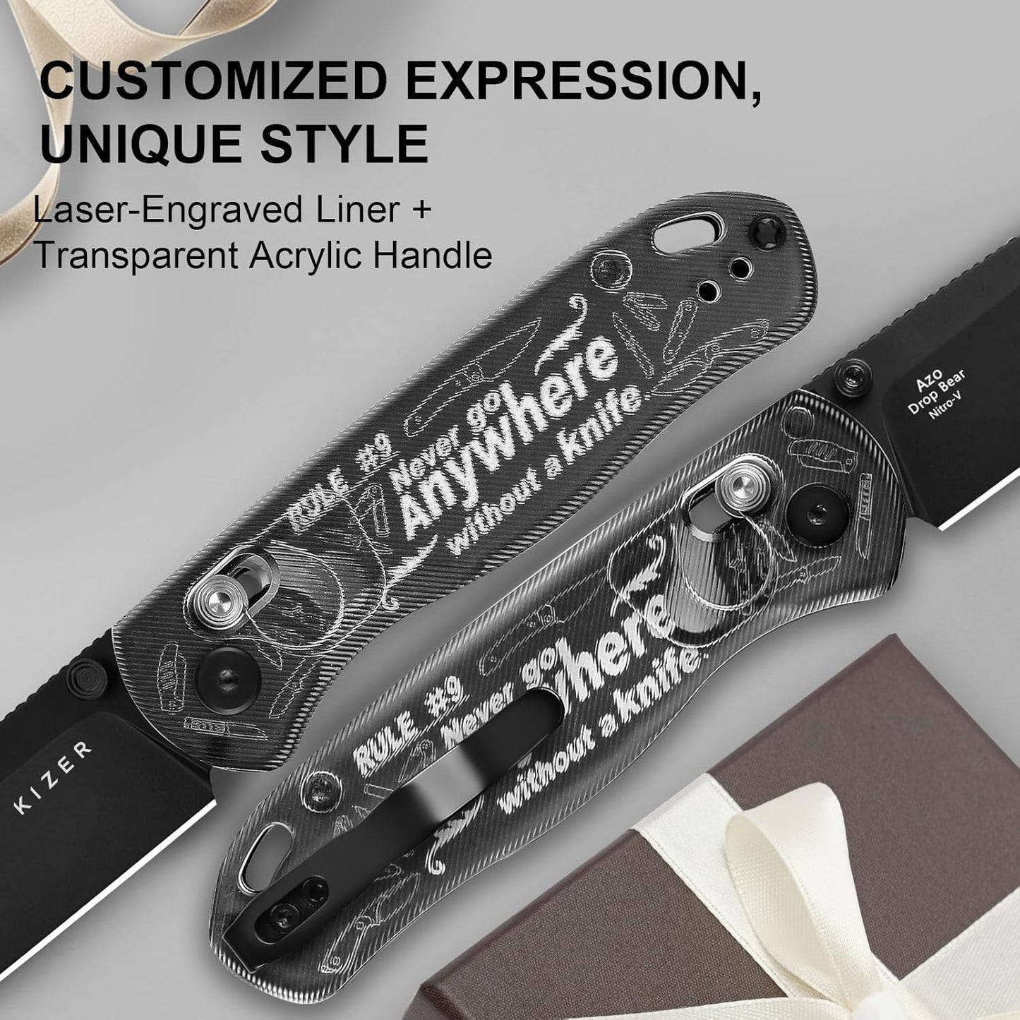 Kizer Drop Bear EDC Pocket Knife, 2.97” Nitro-V Blade Acrylic Handle Folding Knife with Thumb Stud Opener, Clutch Lock EDC Knives for Men Women Gift V3619A14