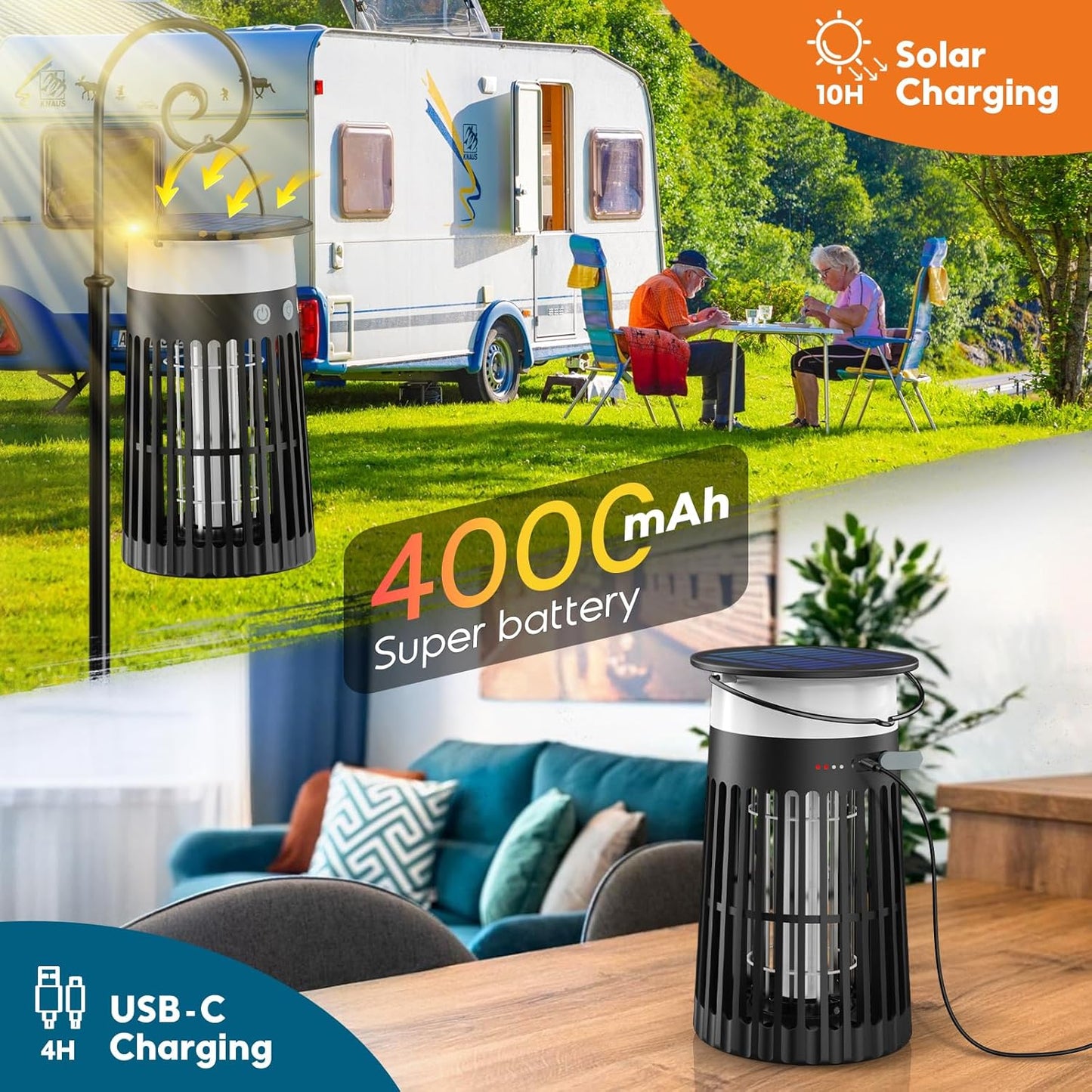 Solar Bug Zapper Outdoor, 5-in-1 Mosquito Zapper 4200V with Flame Light Mode, Waterproof Portable Fly Zapper, Electric Cordless Fly Insect Mosquitoes Trap Killer for Patio Yard Home Camping Party