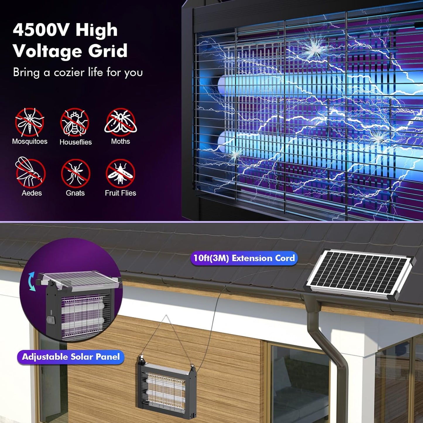 okk Solar Bug Zapper Outdoor, 4500V Mosquito Zapper Outdoor Fly Killer with 10W Adjustable Solar Penal, Waterproof, Rechargeable, Portable Electric Fly Trap for Patio, Garden, Backyard, and Camping