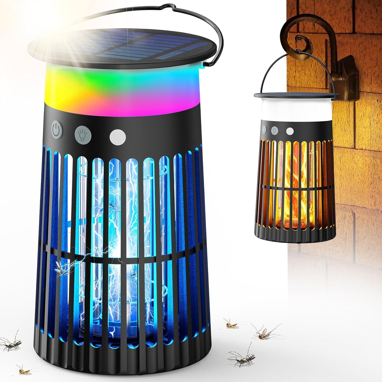 Solar Bug Zapper Outdoor, 5-in-1 Mosquito Zapper 4200V with Flame Light Mode, Waterproof Portable Fly Zapper, Electric Cordless Fly Insect Mosquitoes Trap Killer for Patio Yard Home Camping Party