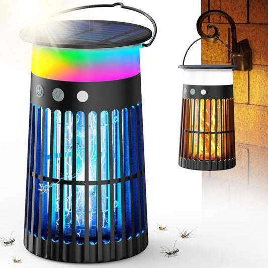 Solar Bug Zapper Outdoor, 5-in-1 Mosquito Zapper 4200V with Flame Light Mode, Waterproof Portable Fly Zapper, Electric Cordless Fly Insect Mosquitoes Trap Killer for Patio Yard Home Camping Party