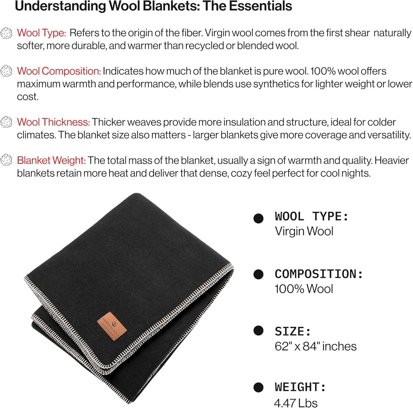 100% Wool Blanket - Premium Ultra-Soft, Thick, Warm, Large 62"x 84" Bed & Camping Blanket for Outdoor, Home, Indoor, Bushcraft & Survival