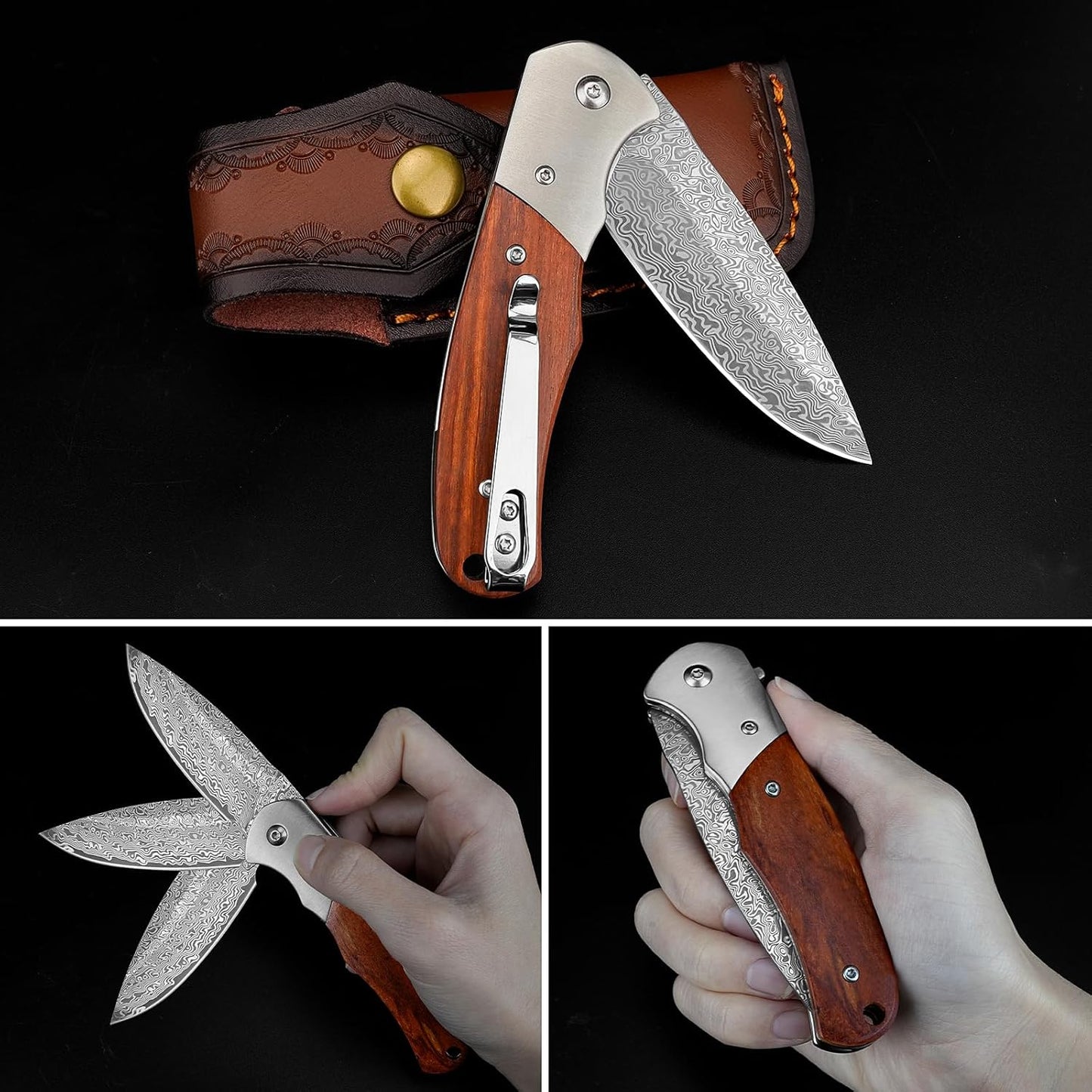 KOMWERO Damascus Pocket Knife with Clip for Men, VG10 Damascus Steel Folding Knives, EDC Damascus Knife with Leather Sheath Wooden Handle for Camping Collection