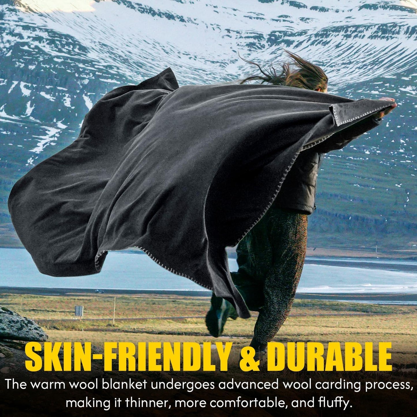 100% Wool Blanket, 62" x 86", Warm, Thick, Washable, Military Wool Blanket, Great for Camping, Outdoors, Sporting Events, Survival Kits