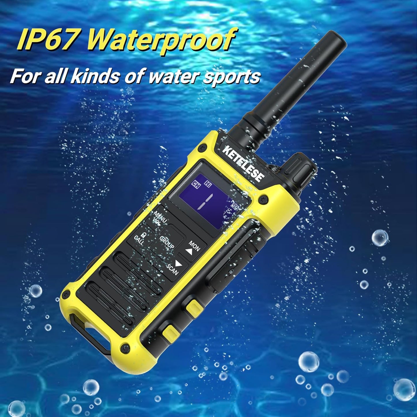 KETELESE T3 FRS IP67 Waterproof Walkie Talkies with USB Mini Charger, 1100mAh Rechargeable Batteries, NOAA Weather Alert, 2 Way Radio for Cruise Ships Surfing, 2pack, Black/Yellow