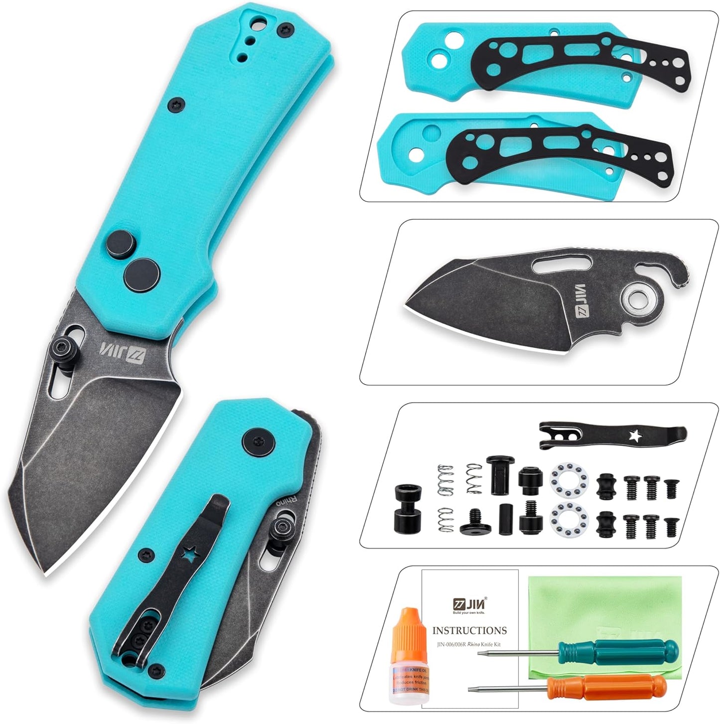 JIN Rhino Pocket Knife, Button Lock Folding EDC Knife Kit, 2" 9Cr18MoV Steel Blade, Stonewash Finish, Blue G10 Handle