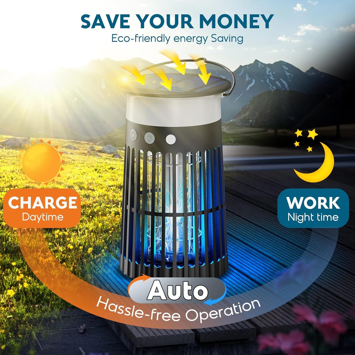 Solar Bug Zapper Outdoor, 5-in-1 Mosquito Zapper 4200V with Flame Light Mode, Waterproof Portable Fly Zapper, Electric Cordless Fly Insect Mosquitoes Trap Killer for Patio Yard Home Camping Party