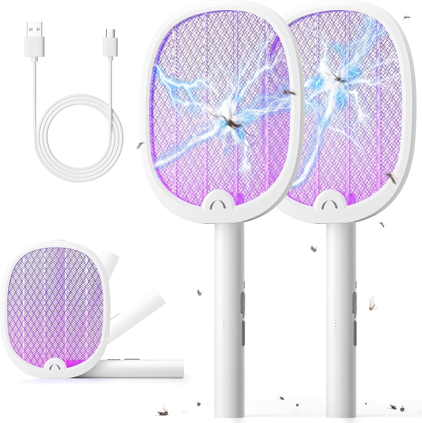 YISSVIC Electric Fly Swatter Foldable Bug Zapper Racket 2 in 1 Mosquito Killer with Purple Attractant Light Rechargeable 1800mAh for Indoor Home Backyard Patio Camping