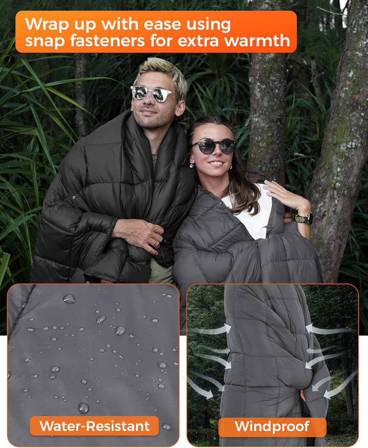 KingCamp Ultralight Camping Blanket, Packable Down Alternative Puffy Wearable Blankets Weatherproof Warm Package Quilt with Snap Buttons for Outdoor Hiking Travel Picnic Stadium (69" x 53", Charcoal)