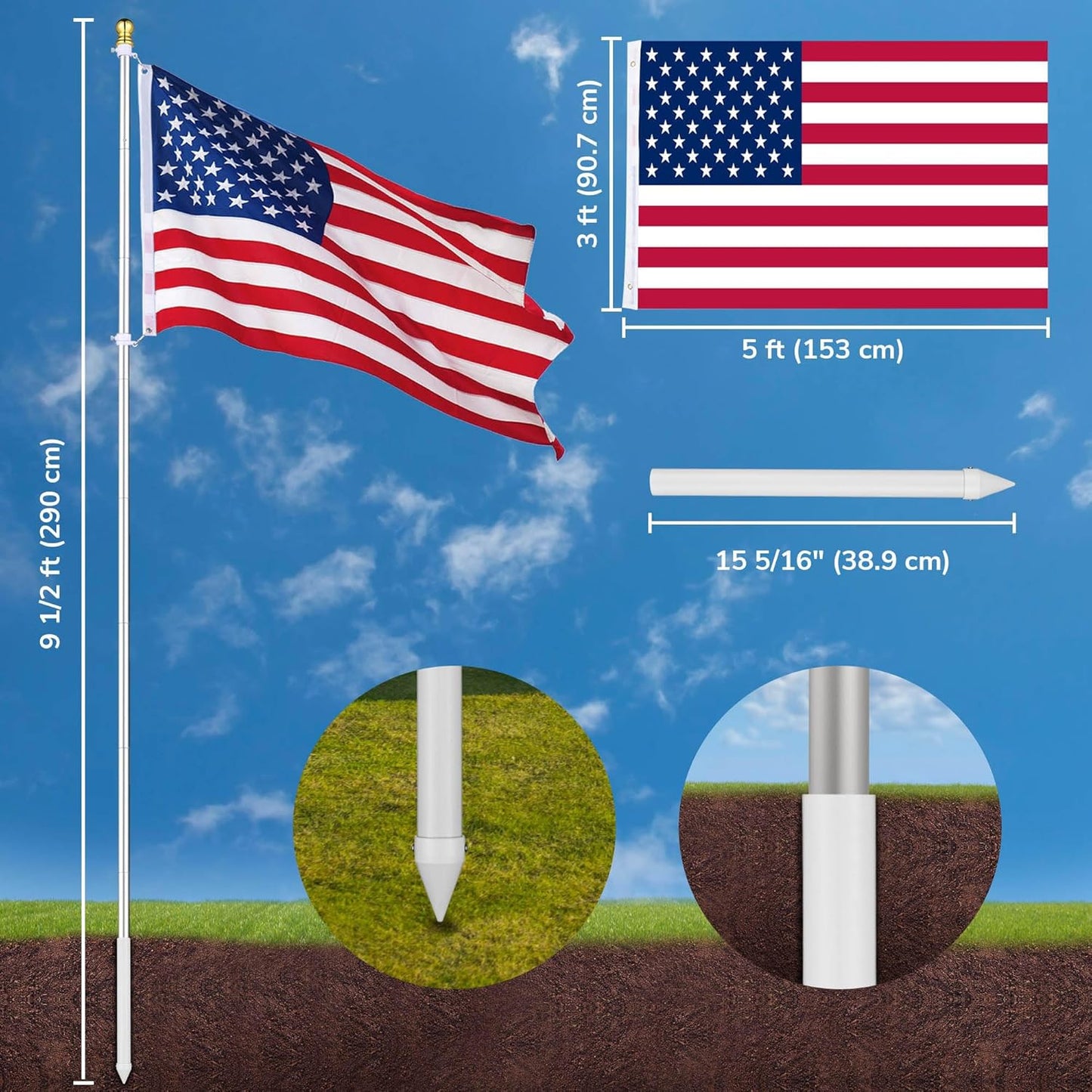 10 Ft Aluminum Outdoor Flag Pole Kit in Ground American Flag with Stake 2 Pack