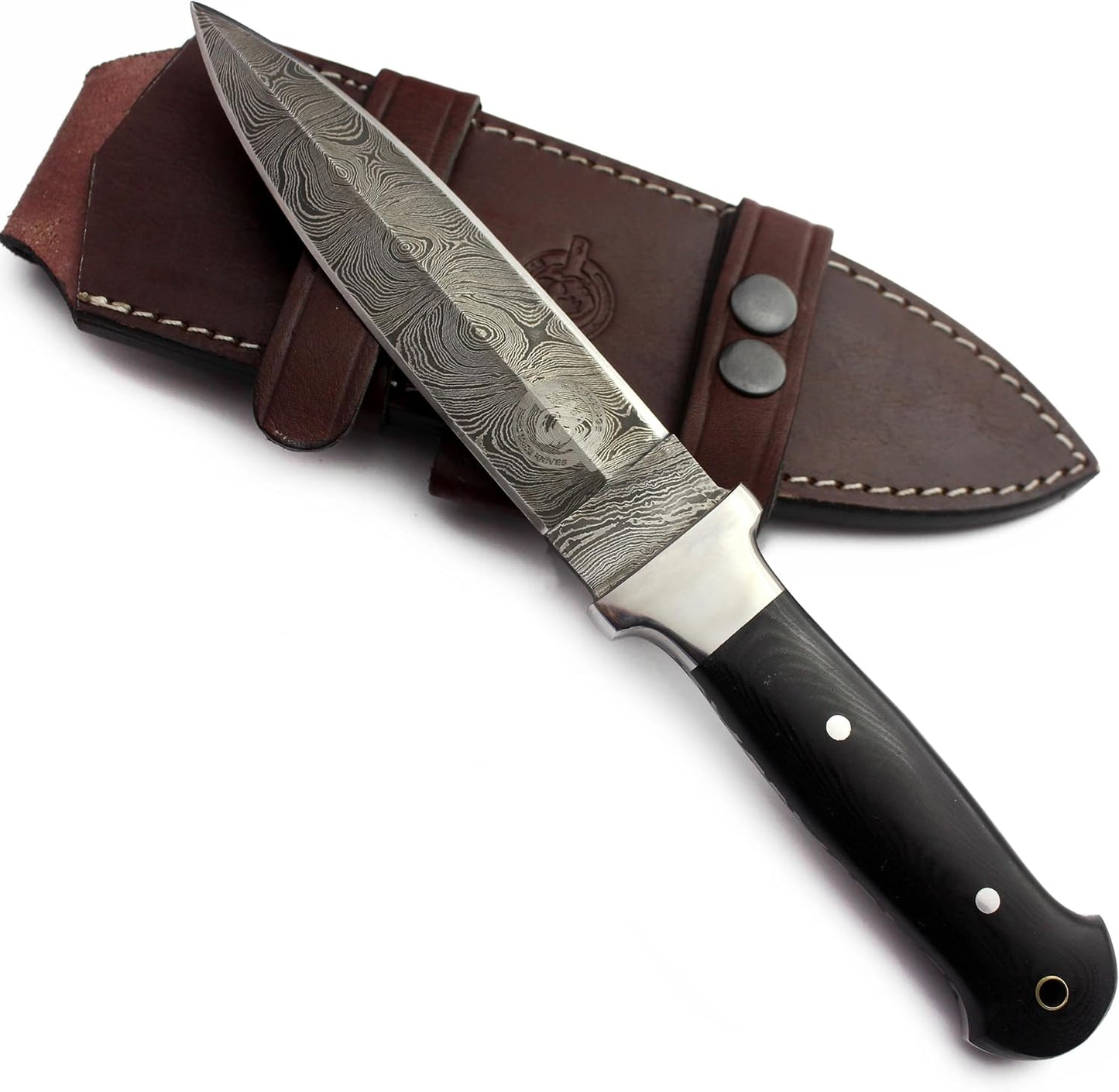 11" Handmade Damascus Steel Fixed Blade Knife – Ultimate Spear Point Dagger for Hunting, Survival, Camping, Hiking and Fishing – Full Tang Micarta Handle with Premium Cowhide Leather Sheath (DCX 22-58) (Eclipse Spear)