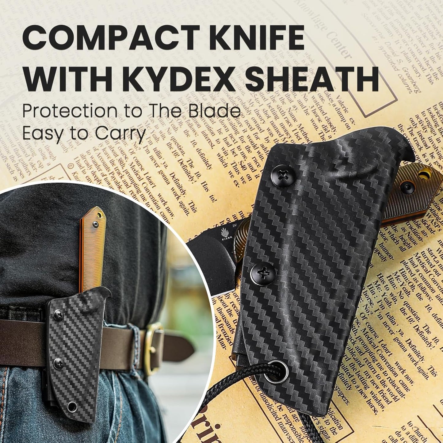 Kizer Harpoon Mini Fixed Blade Knife with Sheath, 3V Steel Blade Hunting Knife, PEI Handle Camping EDC Knives for Camping, Hiking, Survival 1040S5