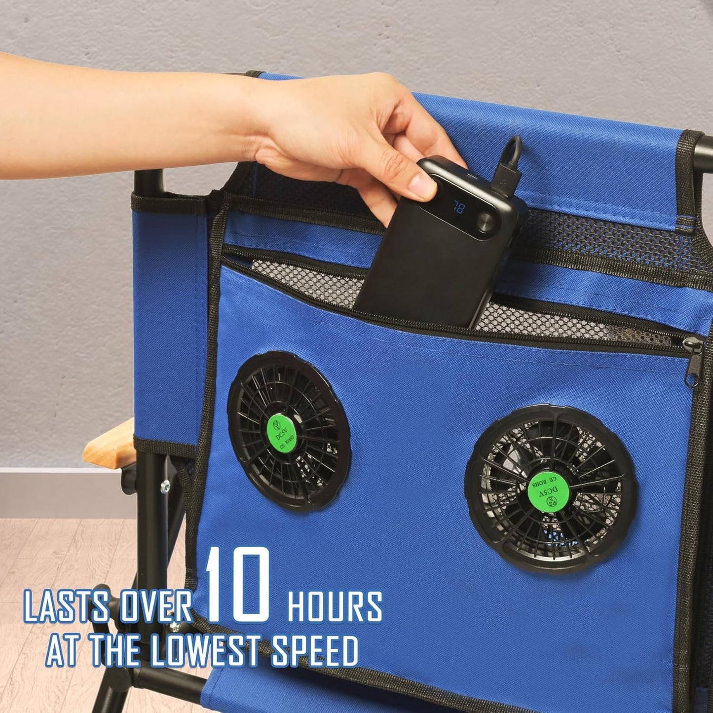 KNINE OUTDOORS Foldable Beach Chair Camping Chair with Fan, with USB-Powered Cooling System, for Camp, Beach, Fishing (Blue)