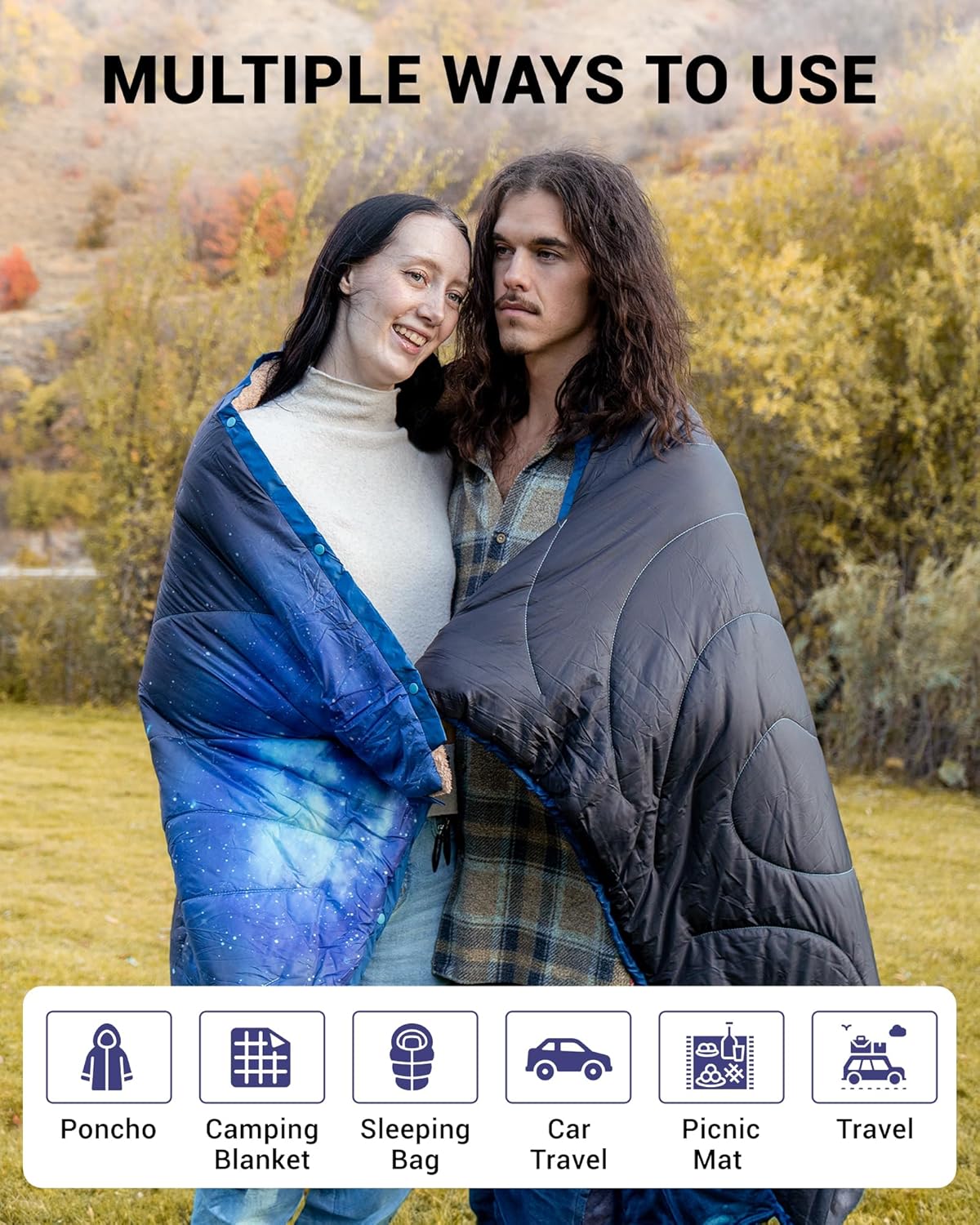 KingCamp Large Camping Blanket with Sherpa Lining, Packable Down Alternative Puffy Printed Wearable Blanket with Snap Buttons, Warm Weatherproof Quilt for Outdoor Travel (79" L x 57" W, STARRYSKY)