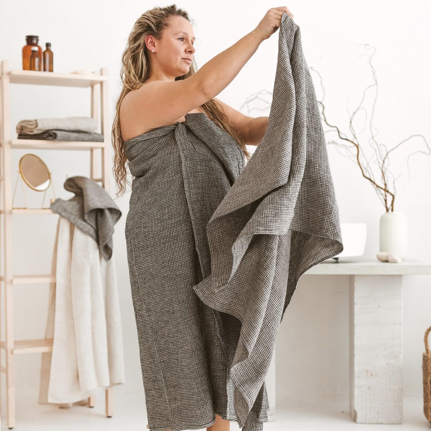 100% Linen Bath Sheet Towel - 36x72-inches - Waffle Weave Black-Natural Oversized Bath Towels - Lightweight Absorbent Thin Beach Towel Quick Dry XL Travel Towel Extra Large