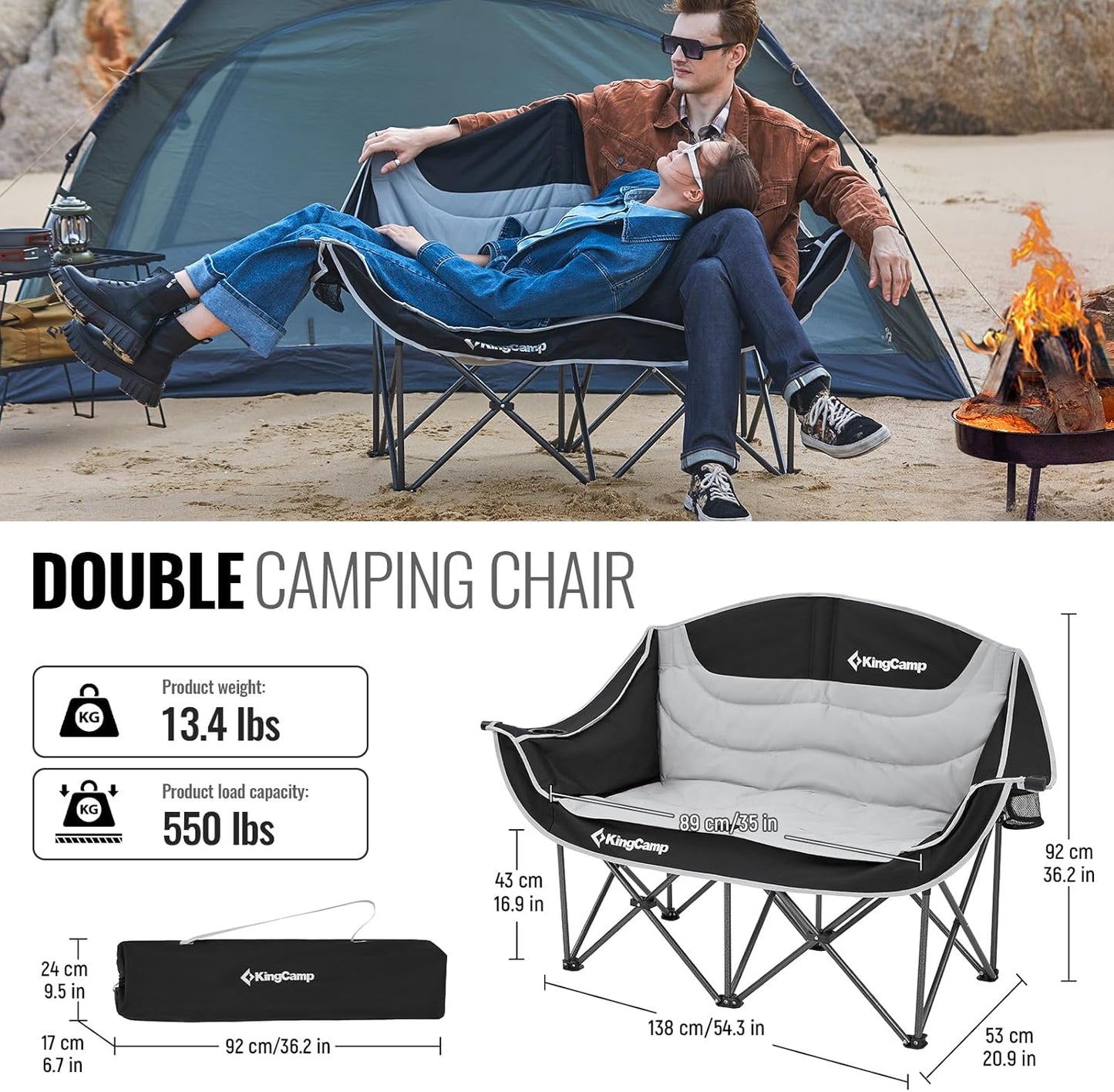 KingCamp Double Camping Chair, Oversized Heavy Duty 550lbs Loveseat for Adults Portable Folding XL 2 Person Couch Padded Comfortable Two Seat with Cup Holder for Outdoor Lawn Backyard, Black/Grey