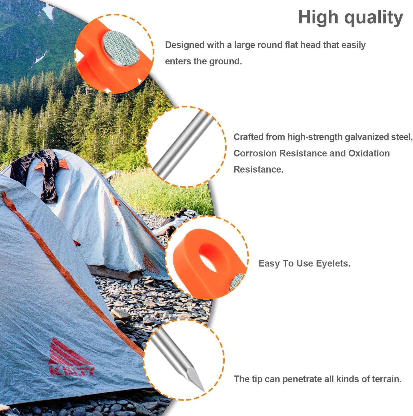 10PCS Tent Stakes Heavy Duty Camping Tent Stakes 7Inch Non-Rust Metal Tent Pegs with 10pcs Rubber Protective Sleeve (Orange)