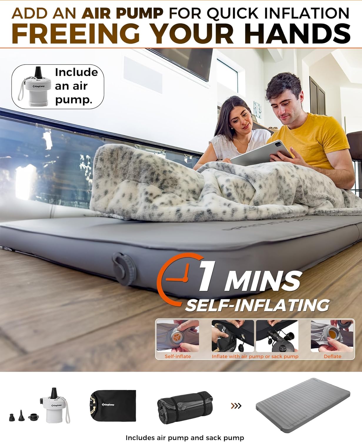 KingCamp Self Inflating Sleeping Pad, R 7.9 Air & Foam Camping Mattress 2 Person, 3" Thick Full Size Double Sleeping Pad with Air Pump for Camp Tent Outdoor Car, PVC Free (Grey)