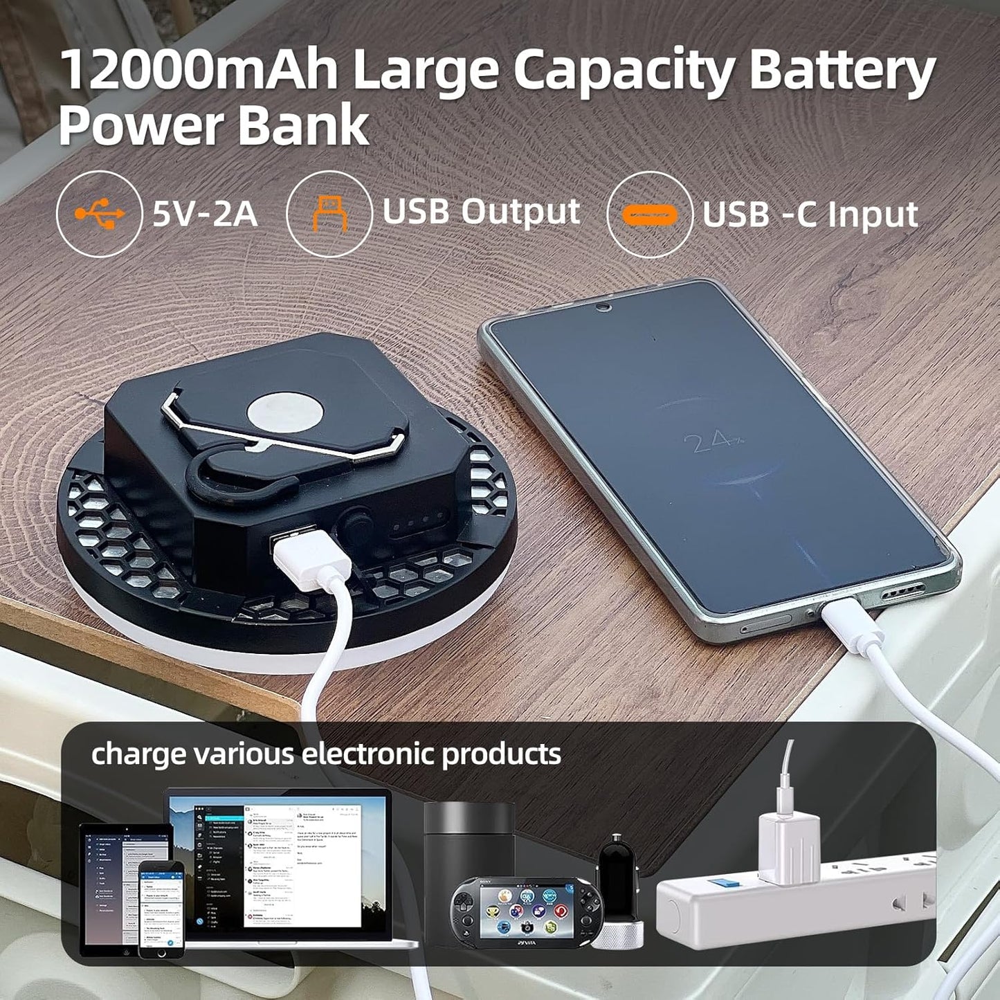 10000mAh Rechargeable Tent Light 3 Lighting Modes, 4000LM LED Portable Camping Lantern, IPX5 Waterproof, 30W Hanging Tent Light with Magnet, for Emergency & Gift