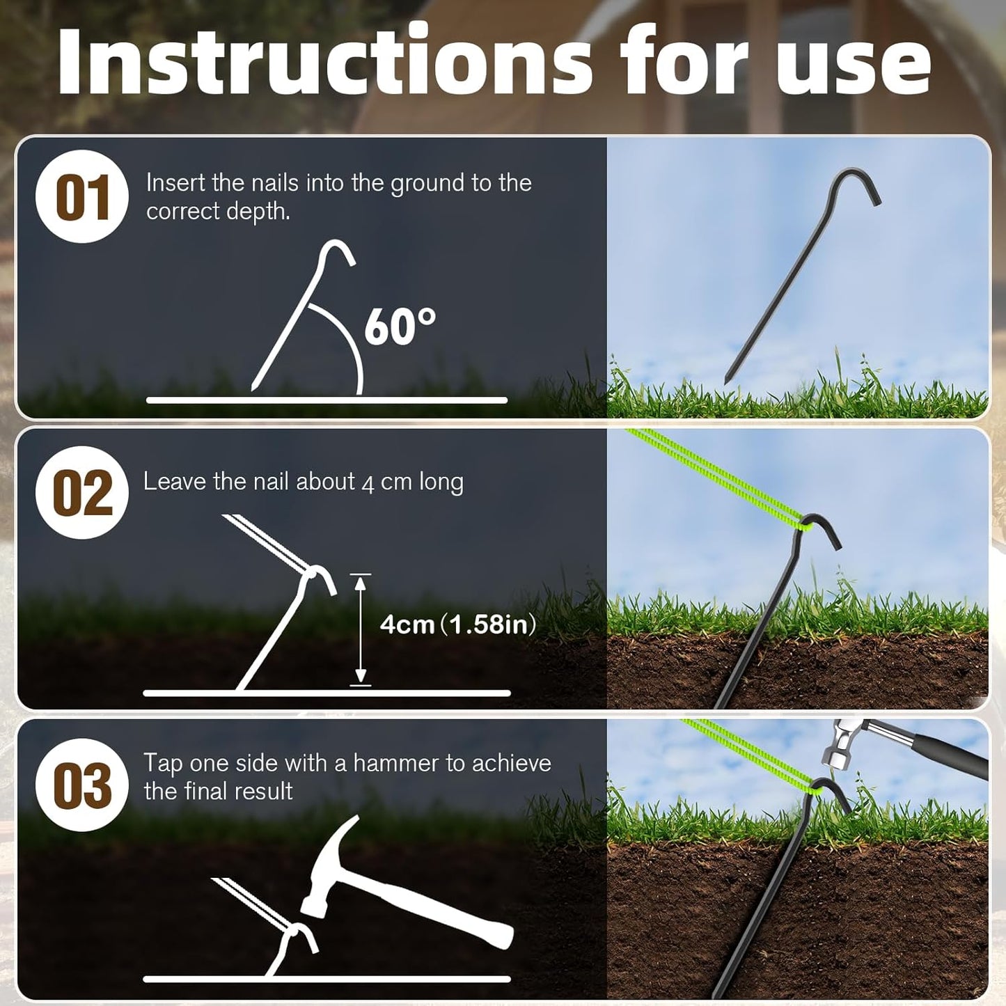 10Pcs Metal Tent Pegs with Hooks. 7 inches Durable Garden Stake Ground Anchors Awning Metal Hooks. Heavy Duty, Waterproof & rustproof, Ideal for Camping, Yard Decor, Picnic & tarp(Black)