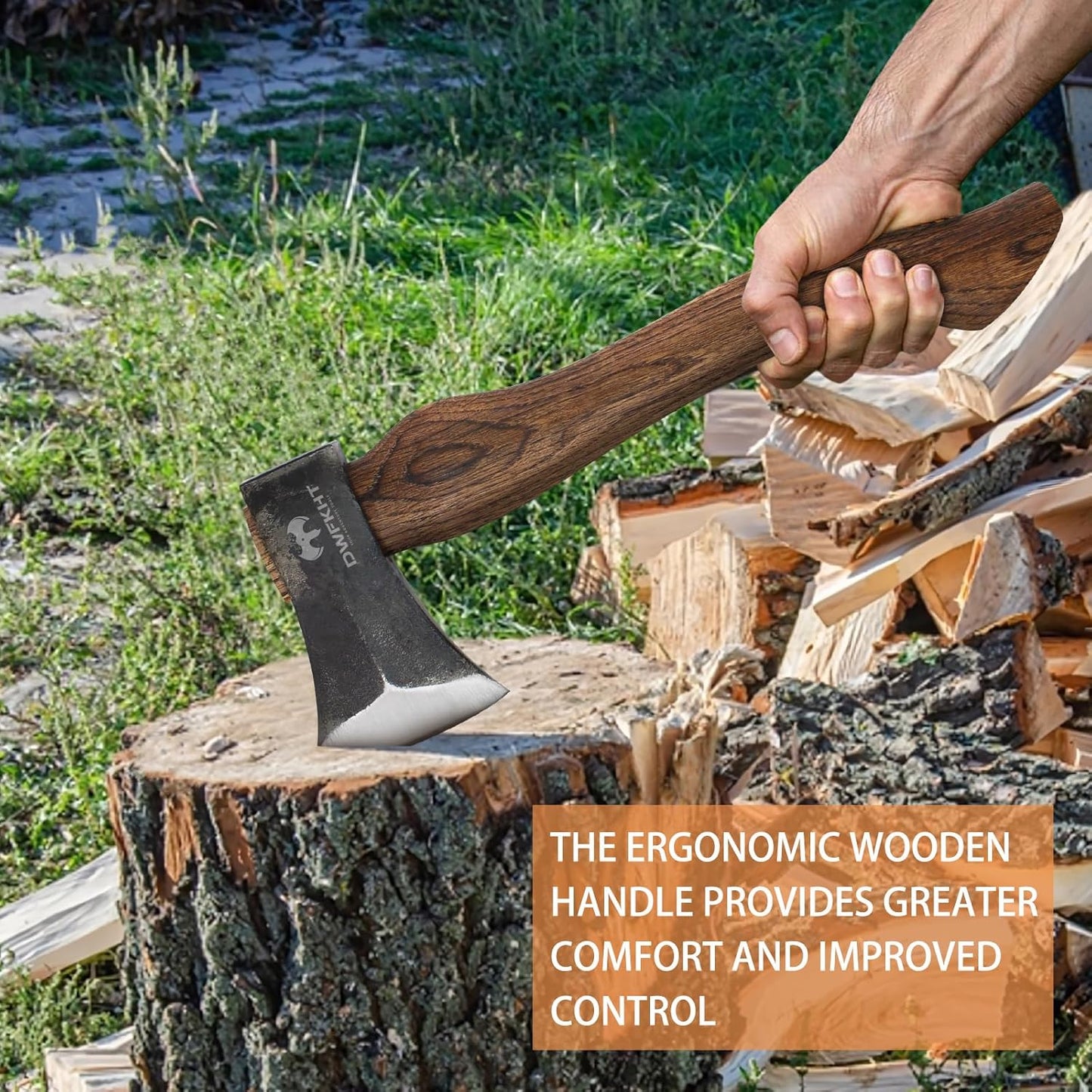 15.3" Hatchet, Splitting Axe with 1065 High Carbon Steel, Camping Hatchet with Beech Wooden Handle and Leather Sheath, Chopping Axe for Wood Splitting and Kindling