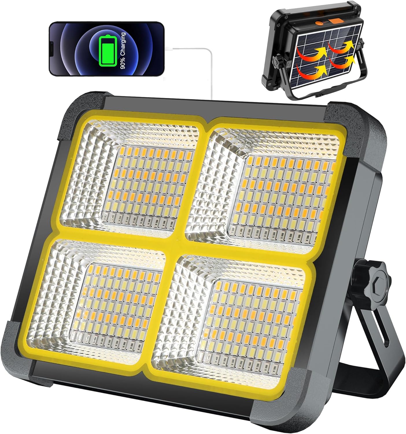 100W Rechargeable Work Light, 12000mAh Solar Work Light, 336 LEDs Flood Light, 4 Lighting Modes/Stepless Dimming, Portable for Camping, Car Repair, Power Cut