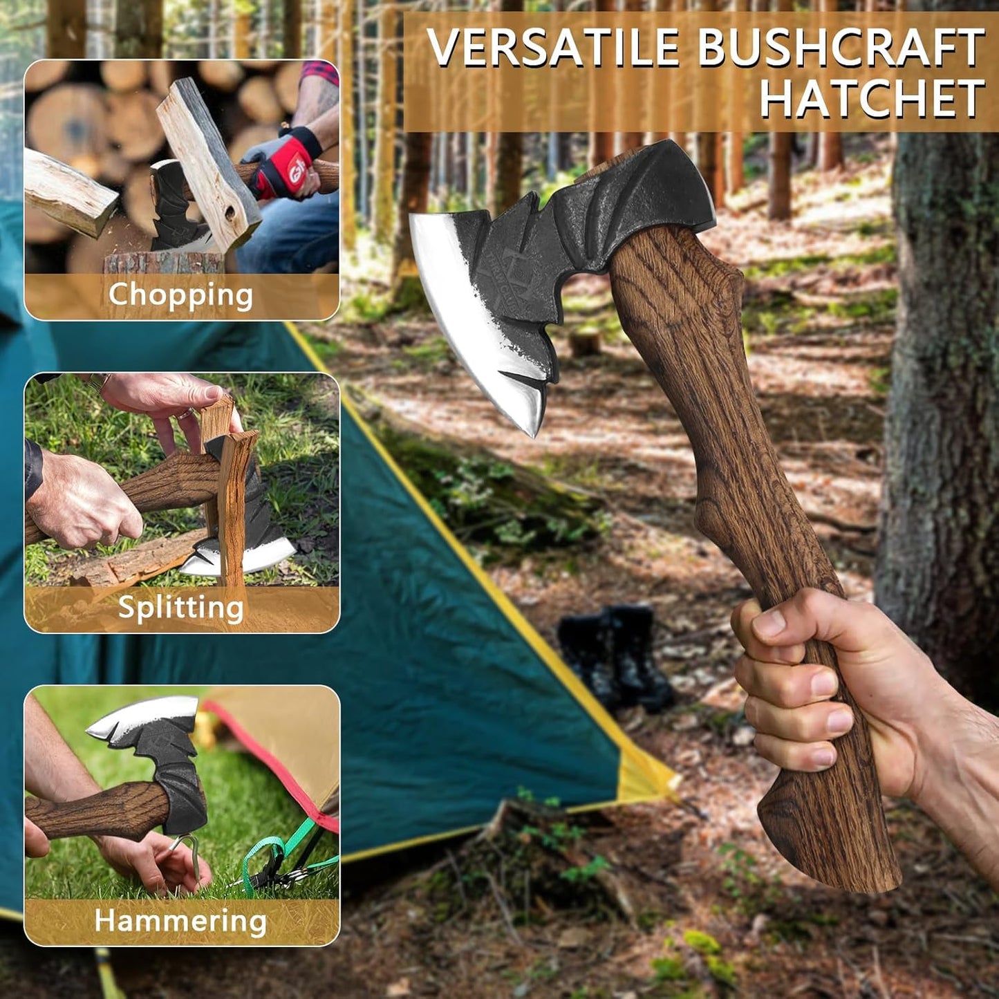 14.7" Hatchet, Camping Hatchets with 1065 Carbon Steel & Wooden Handle, Bushcraft Hatchet with Leather Sheath and Sharpener, Survival Axe for Wood Chopping, Cutting and Splitting