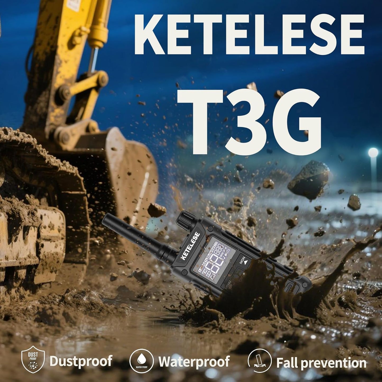 KETELESE T3G Heavy Duty Walkie Talkies for Adults, IP67 Waterproof Long Range 2 Way Radio, with Earpiece and Mic, Type-C Charge Dock&Cable, VOX, NOAA, PTT, Group 2 Pack, Black/Grey