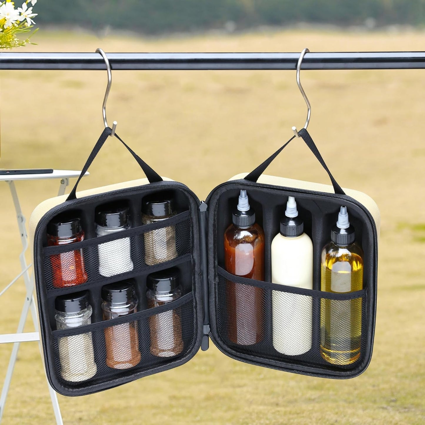 11-Piece Camping Spice Kit - 6 Powder & 3 Liquid Containers with Leakproof Lids, Portable funnel, EVA Hard Case - Portable Seasoning Set for Hiking, BBQ, RV Travel - BPA-Free PET Bottles