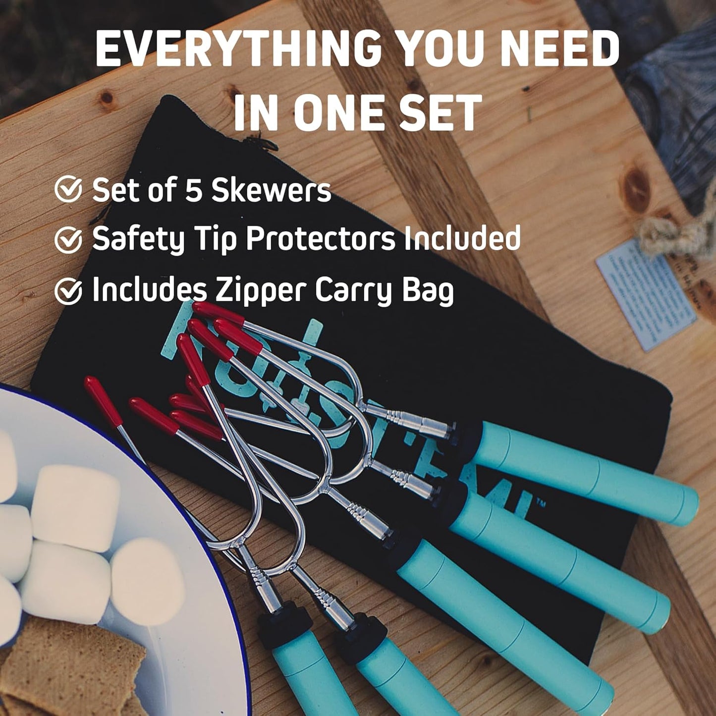 Jolly Green Products Rotating Marshmallow Roasting Sticks for Campfire & Bonfire | Extra Long Hot Dog & Smores Sticks for Fire Pit | Camping Smores Kit | Retractable Campfire Skewers | Set of 5