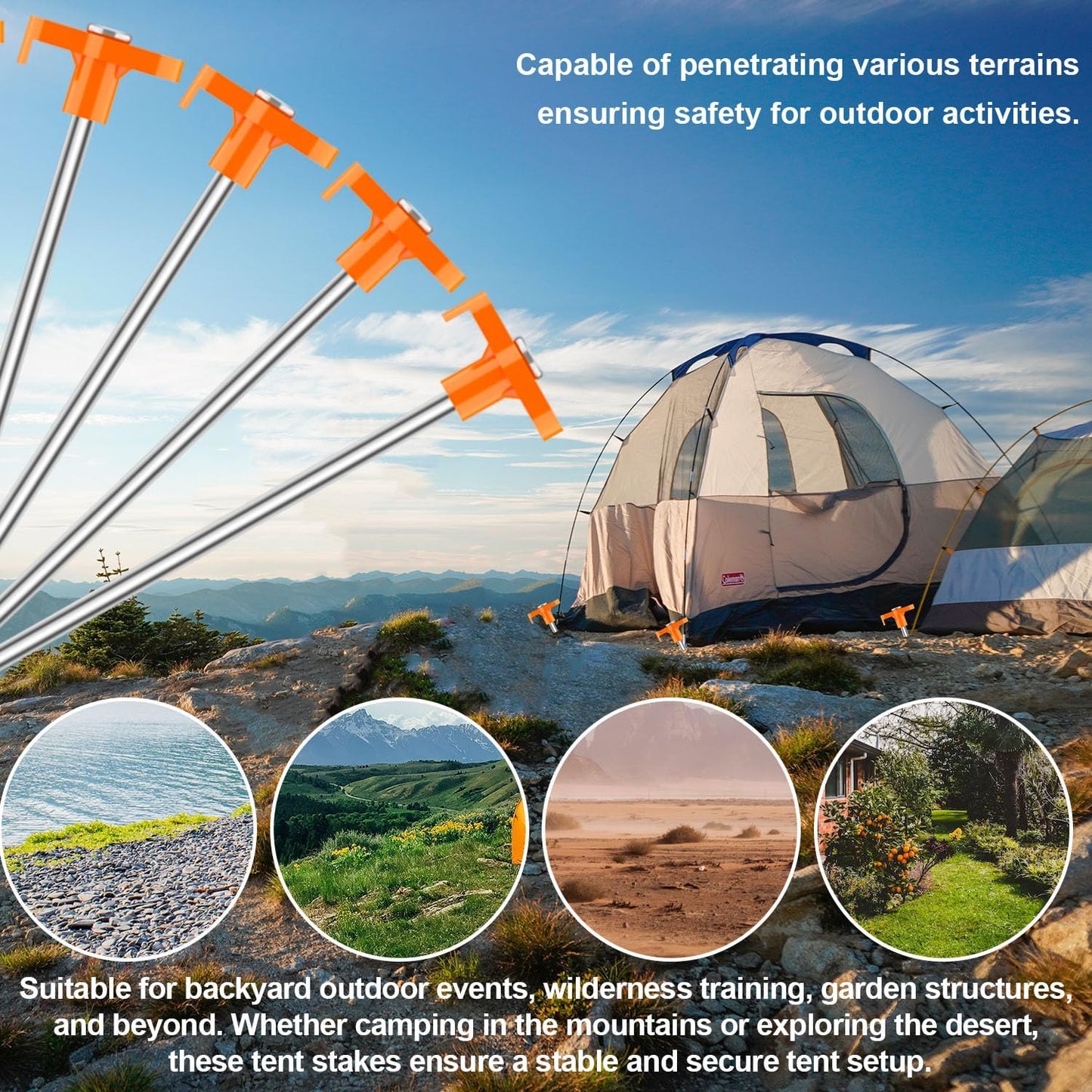 10PCS Tent Stakes Heavy Duty Camping Tent Stakes 7Inch Non-Rust Metal Tent Pegs with 10pcs Rubber Protective Sleeve (Orange)